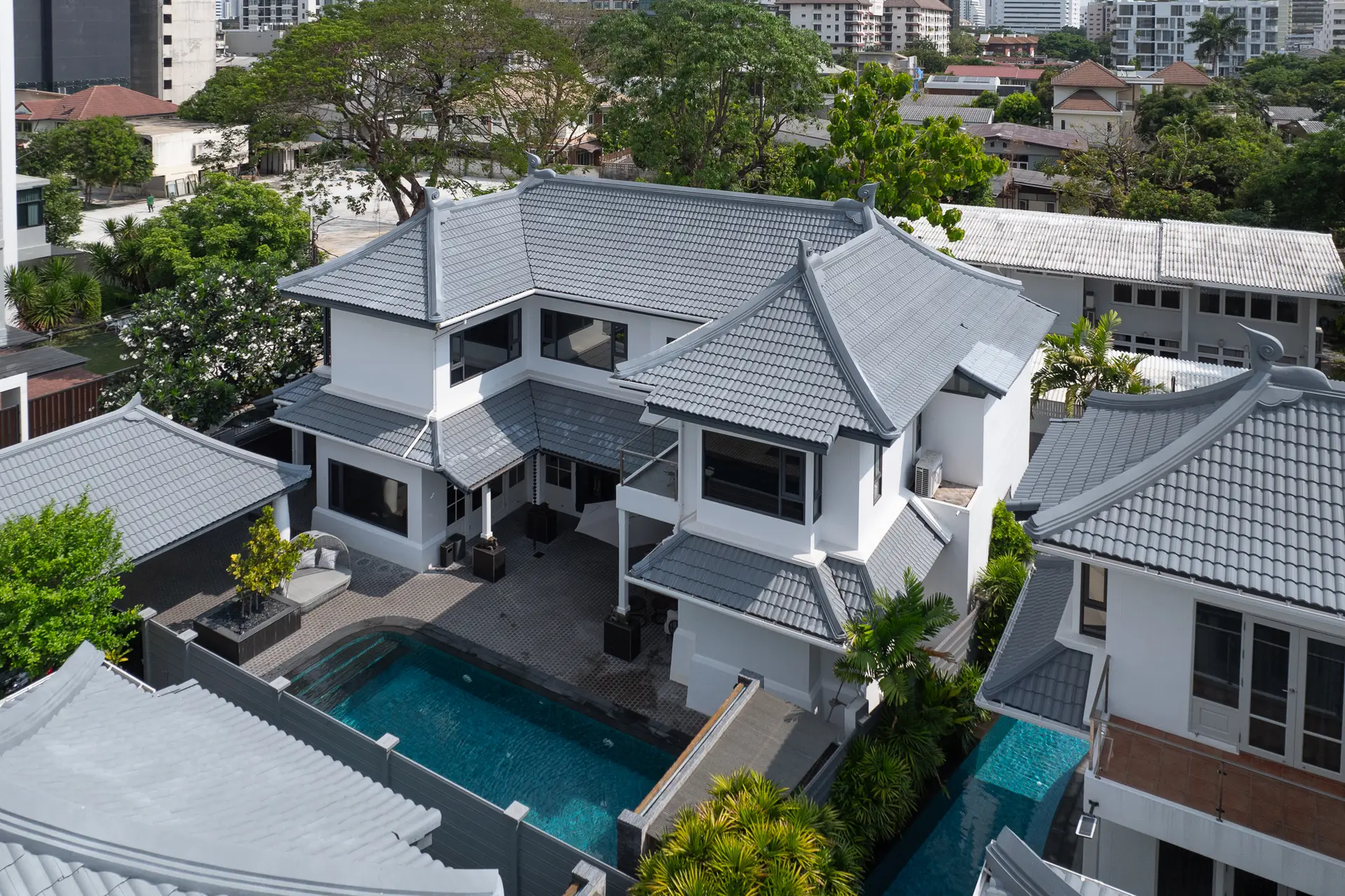 Aerial view of the villas and a private swimming pool in Thong Lo, Bangkok